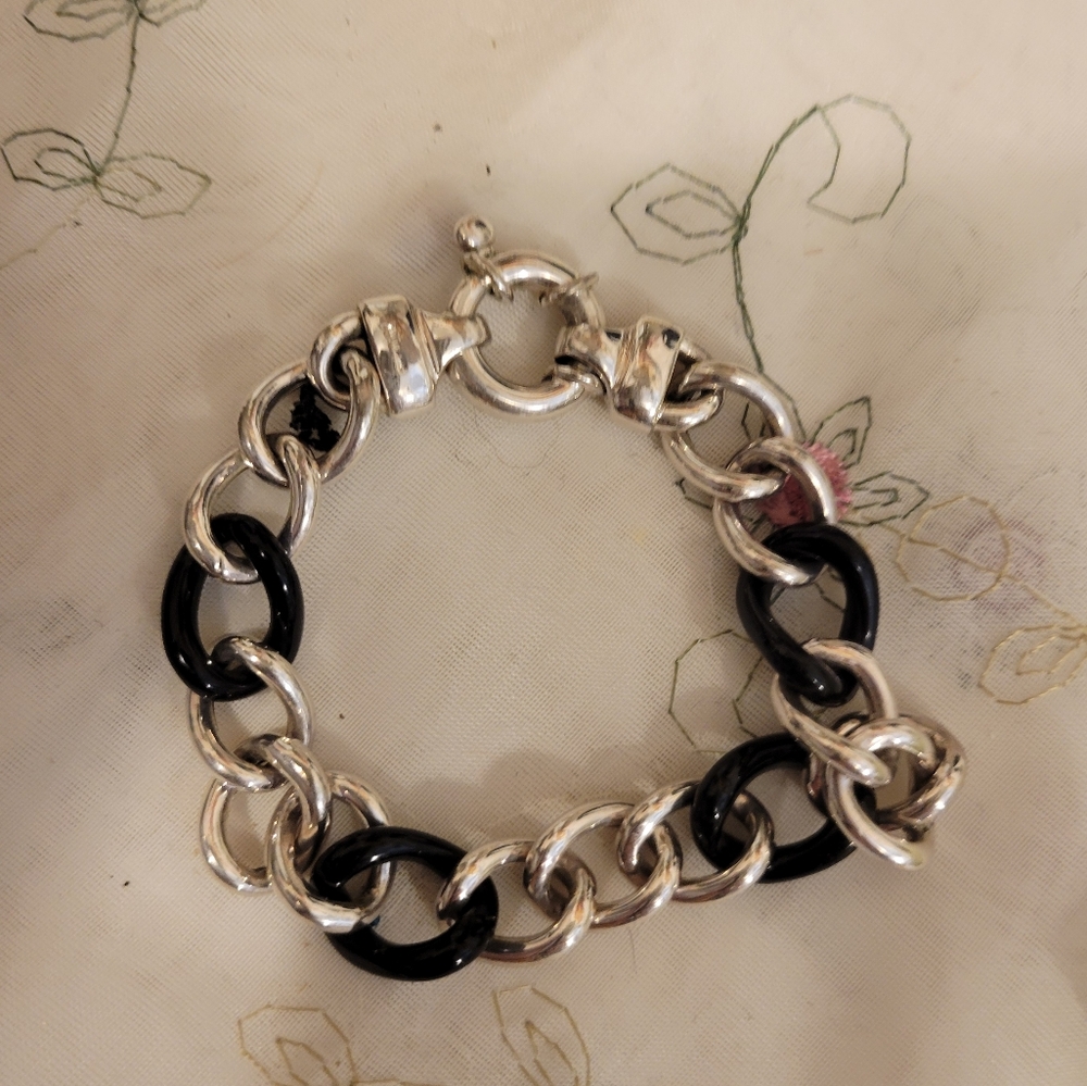 HEAVY STERLING SILVER 925 BRACELET 7.75" BLACK STONE 21.6G AMAZING VTG CI SIGNED - Picture 2 of 14